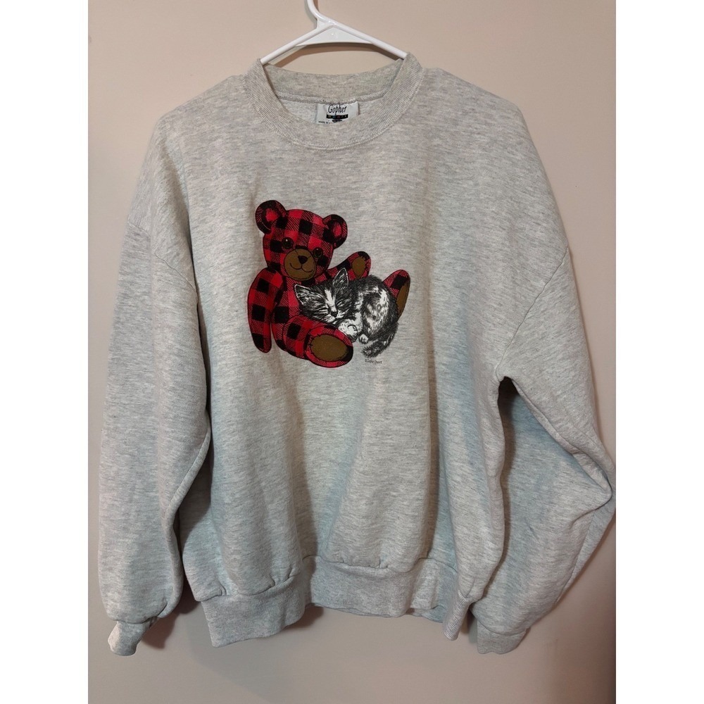 Gopher Sport XL Gray Crewneck Sweatshirt Teddy Bear Kitten Buffalo Plaid Graphic